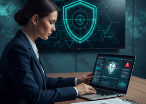 Business contractor reviewing CMMC compliance documents with warning icons on laptop screen