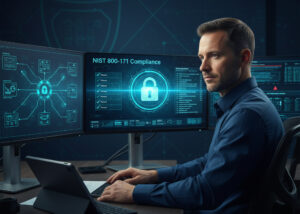 Cybersecurity analyst reviewing NIST 800-171 compliance on multiple computer screens