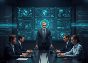 Veteran professional leading a cybersecurity team in a mission-ready operations room